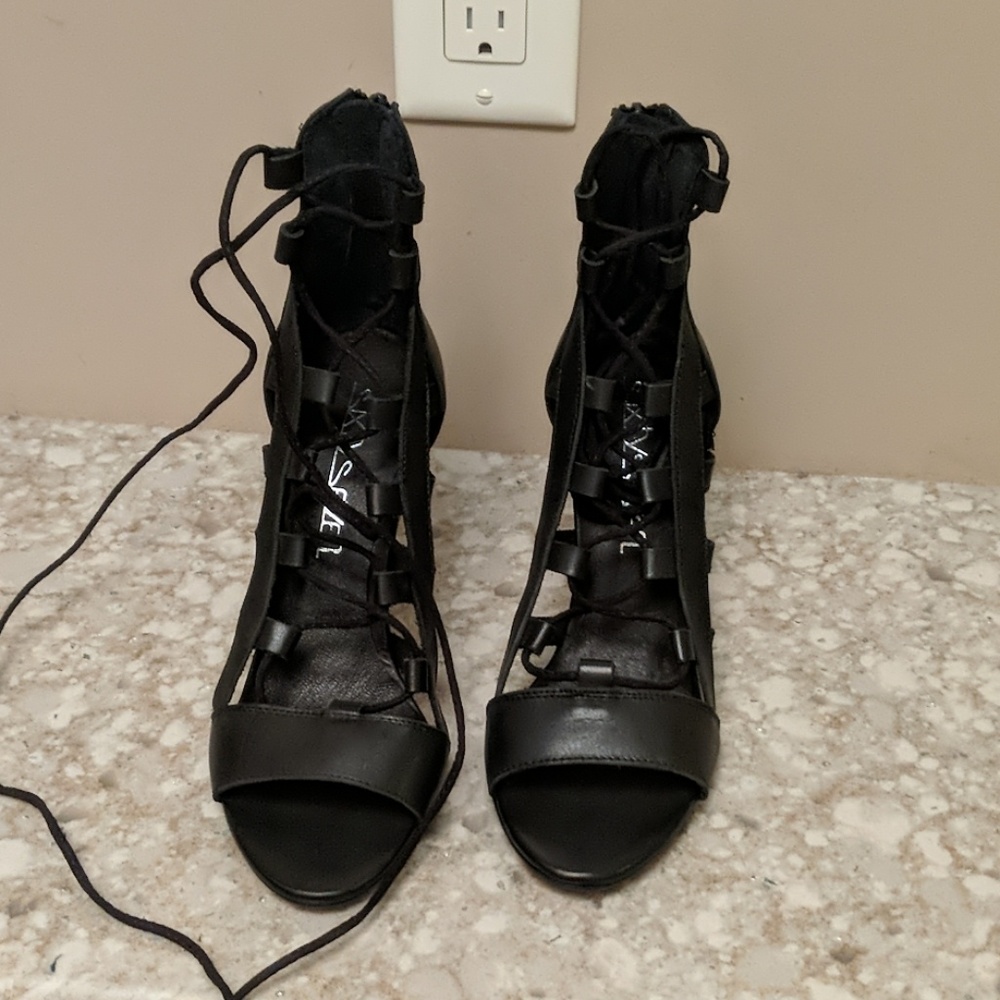 Sixty Seven black leather lace up open toe booties